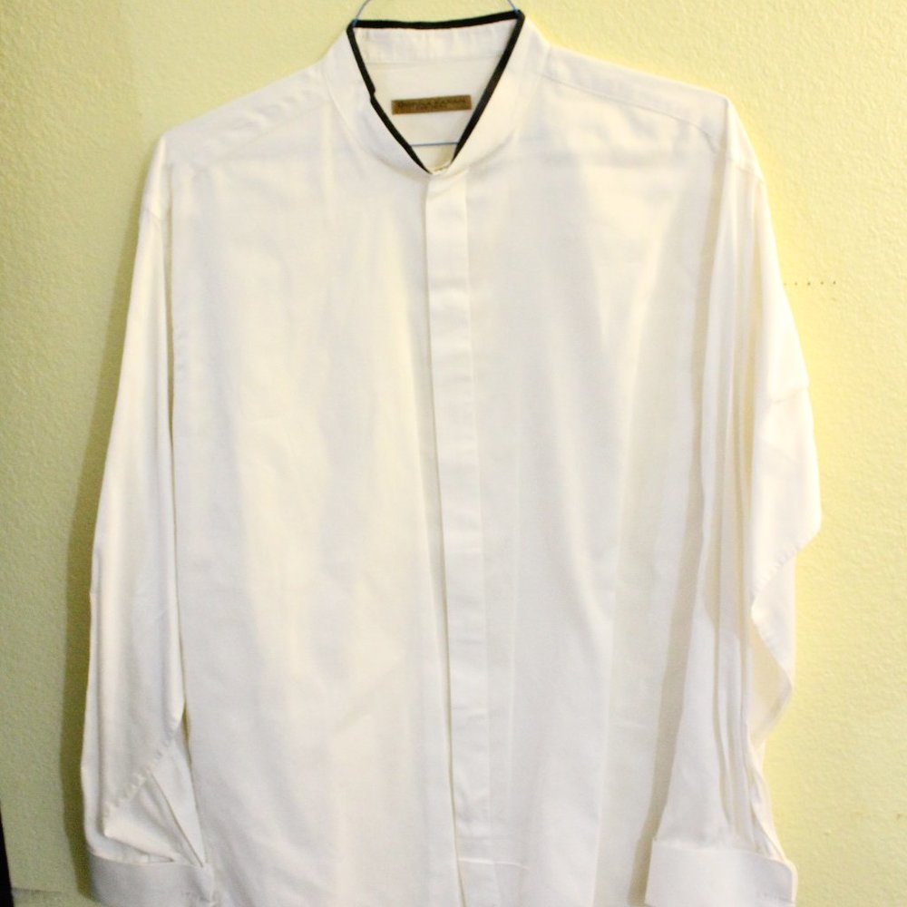 Donna Karan White Collarless Tuxedo Shirt 16.5
